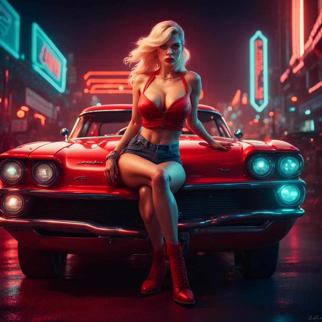 Blonde Pinup on Muscle Car in Neon Lit Street