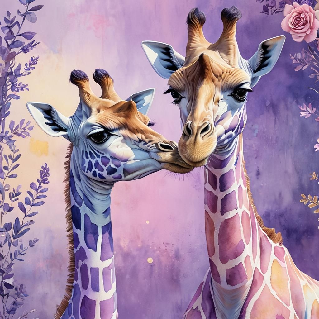 Watercolor Mother and Baby Giraffe in Iridescent Hues