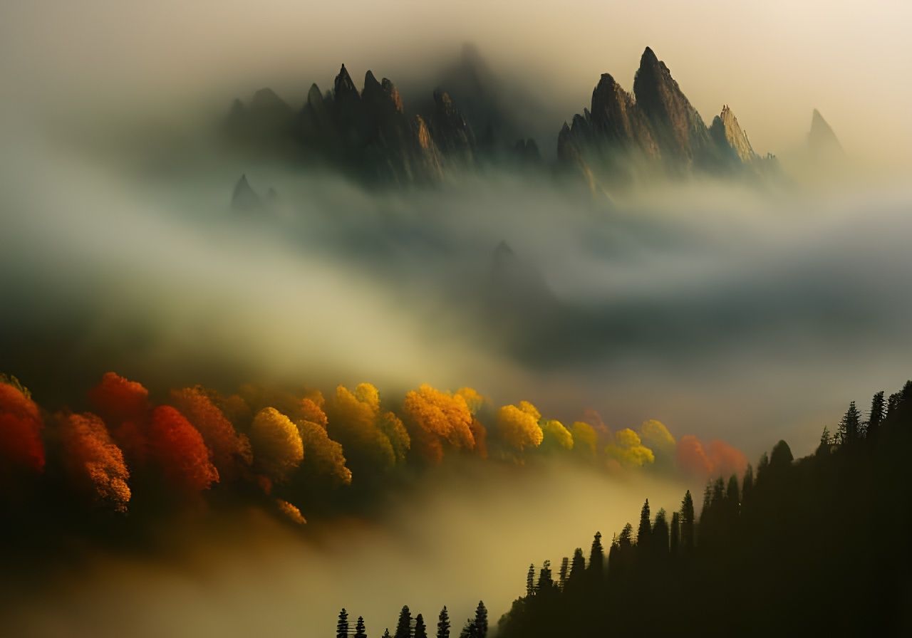 Misty Mountain Descent in Digital Painting Style