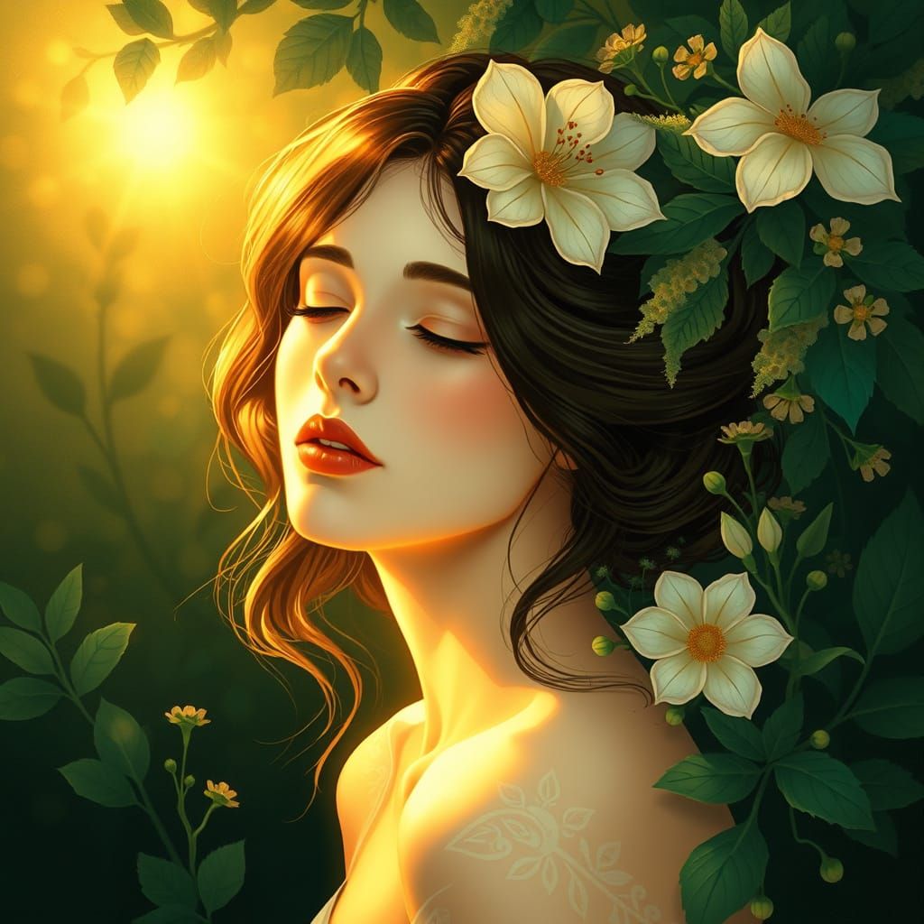 Ethereal Art Nouveau Goddess in Lush Greenery