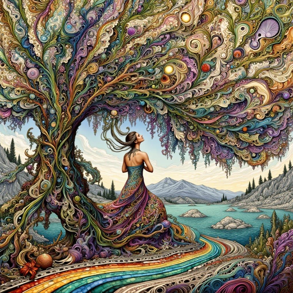 Surreal Fractal Model in Kimono Amidst Forest Vista