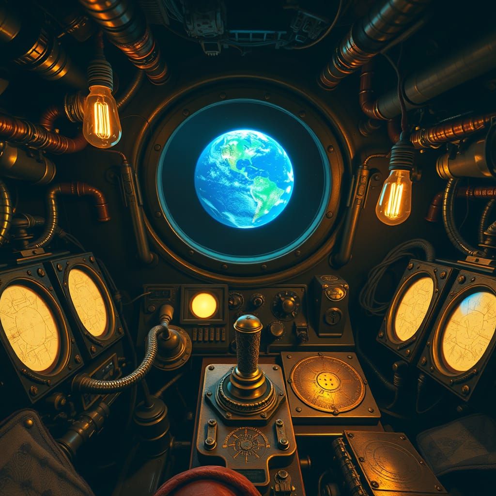 Steampunk Cockpit in a Cramped, Dimly Lit Spacecraft