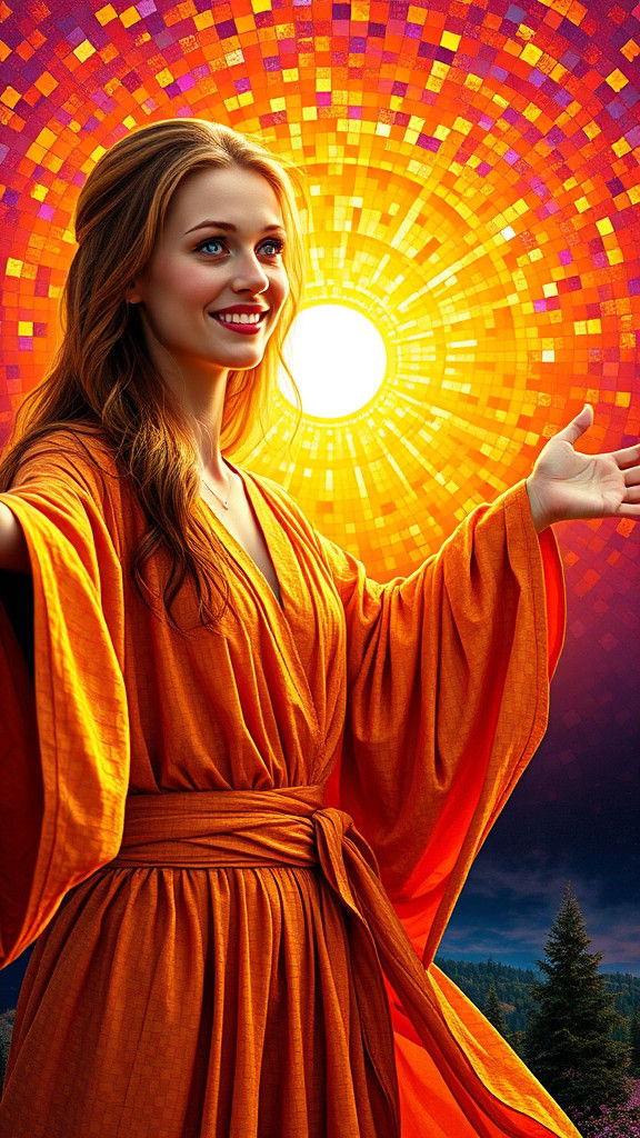 Auburn Woman Reaching for Sunrise as Mosaic Art