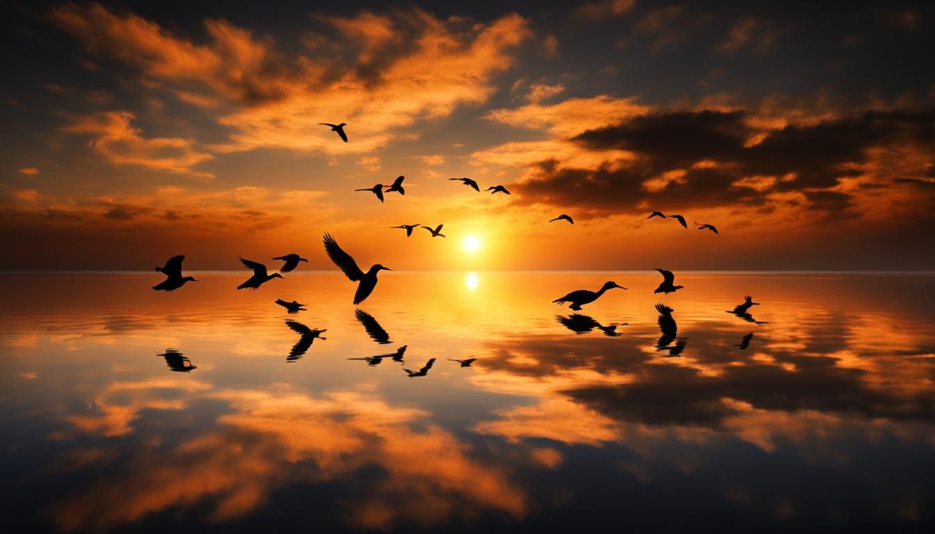 Sunset Beach Reflection with Birds in Sky