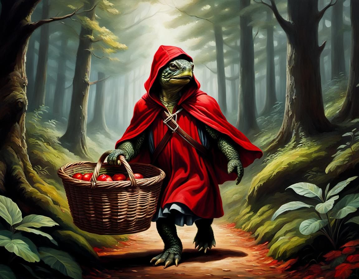 Anthropomorphic Turtle as Red Riding Hood in Forest