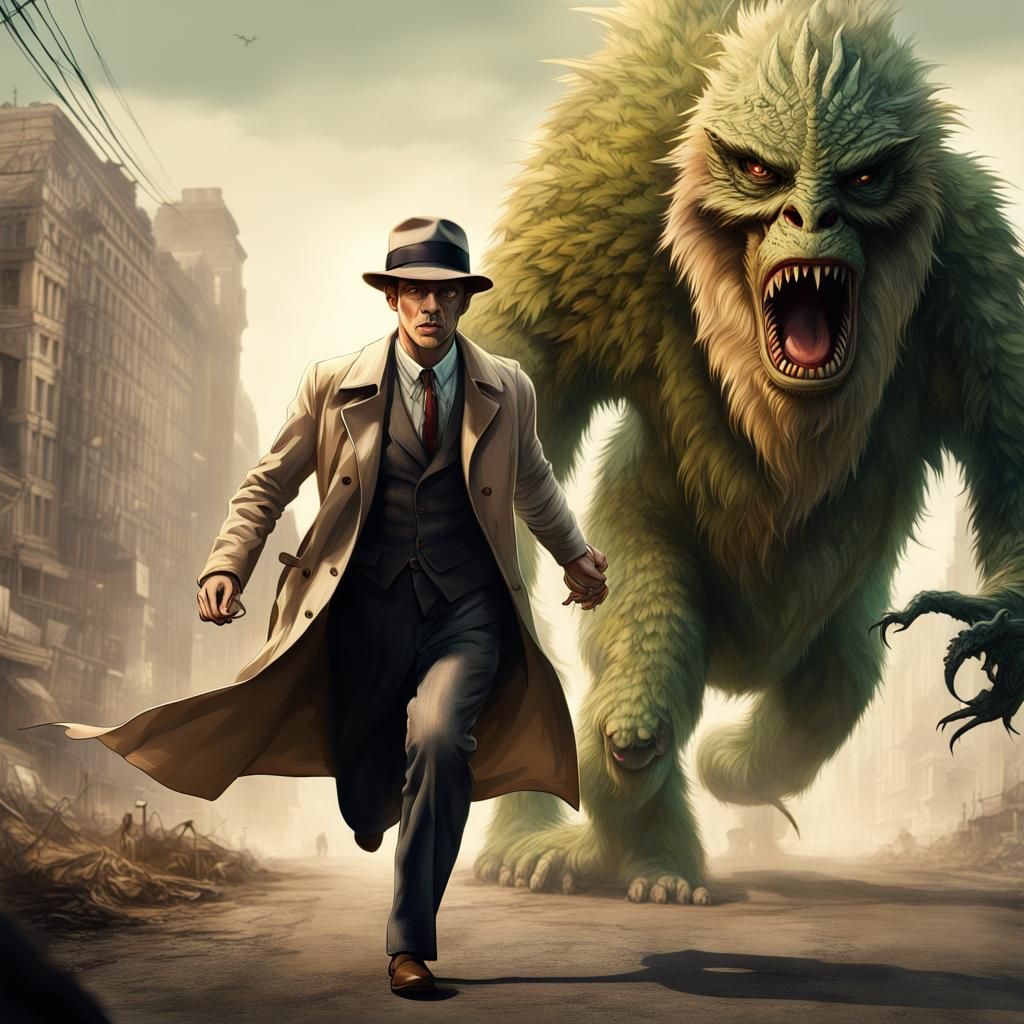 Detective and Sasquatch Running From Dragon-Mantis Monster
