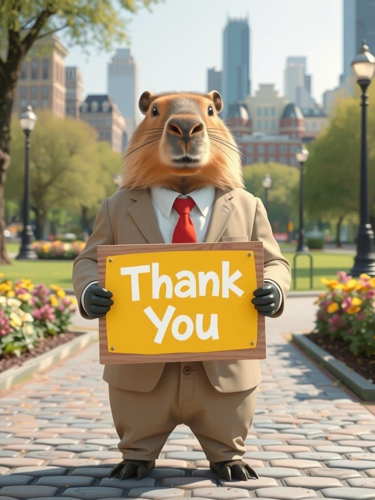 Capybara in Suit Holds "Thank You" Sign in Park