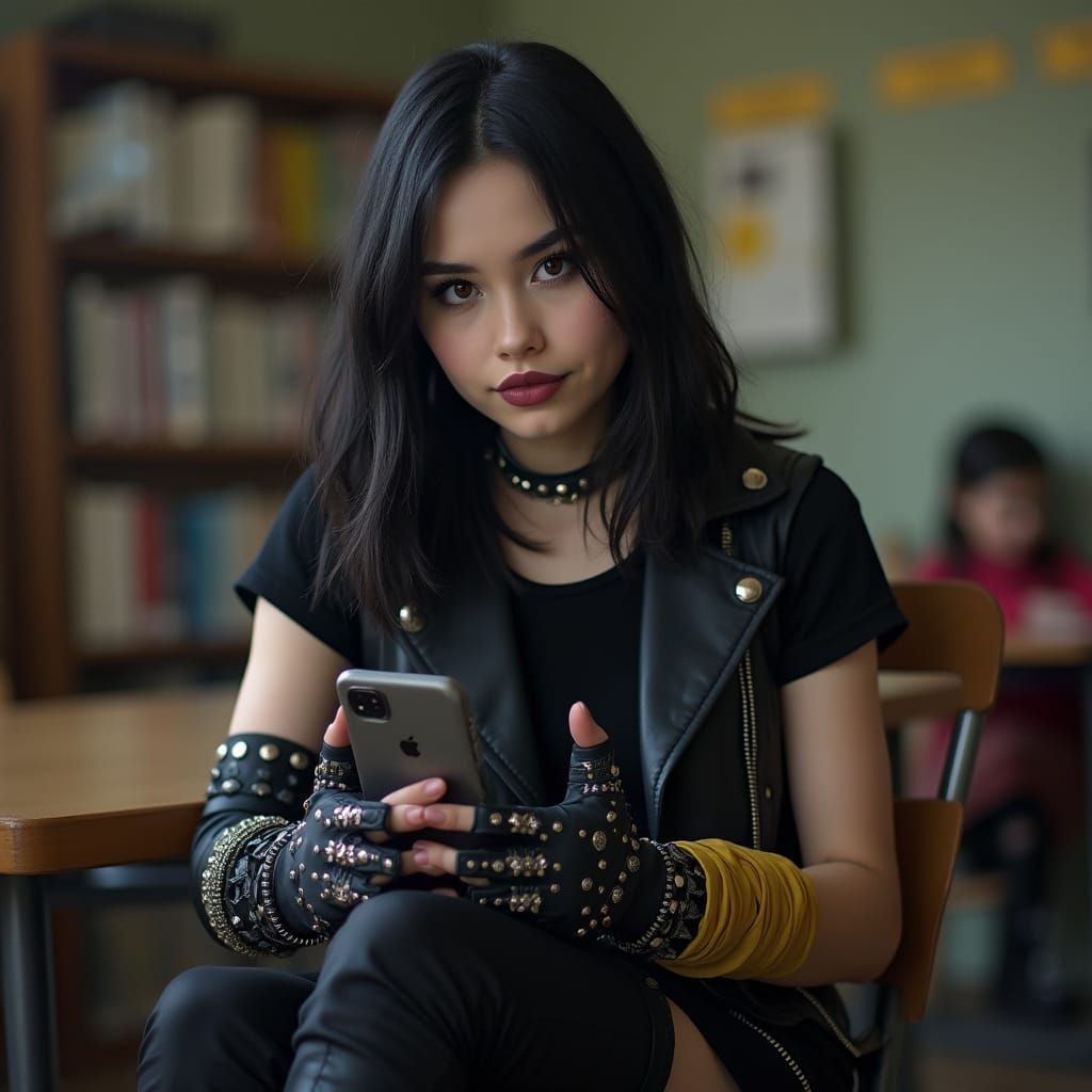 Shy Goth Girl in Library, Hyperrealistic Photo