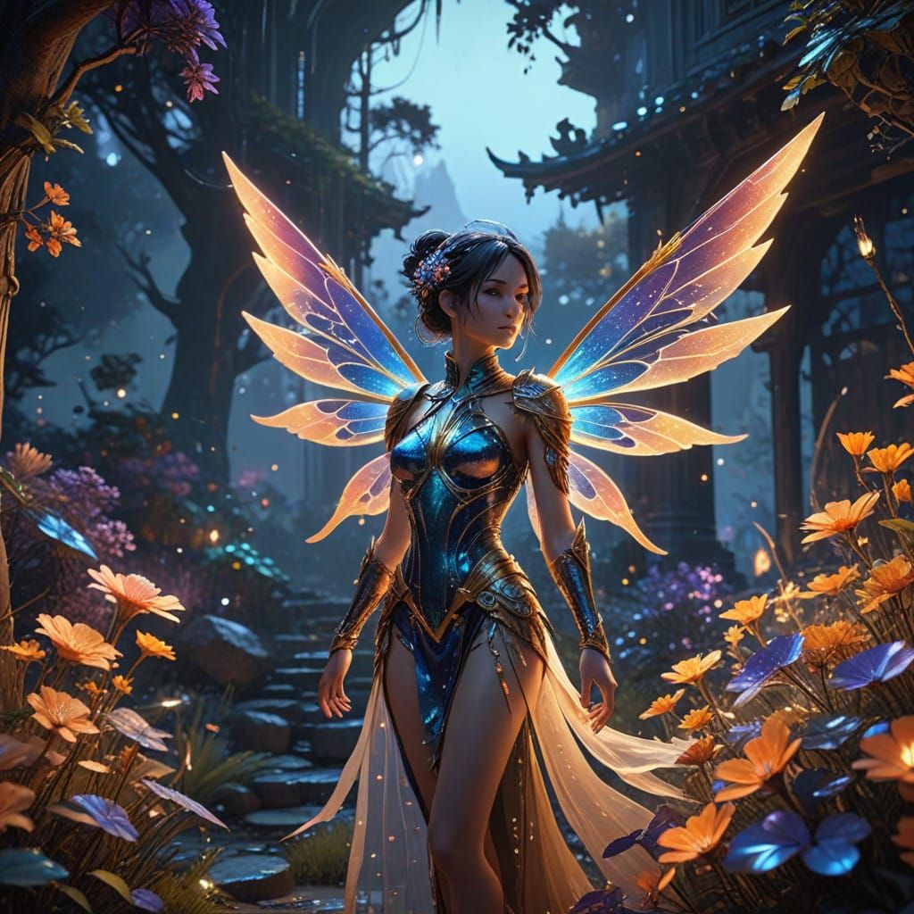 Whimsical Fairy in Enchanted Garden Under Starry Twilight