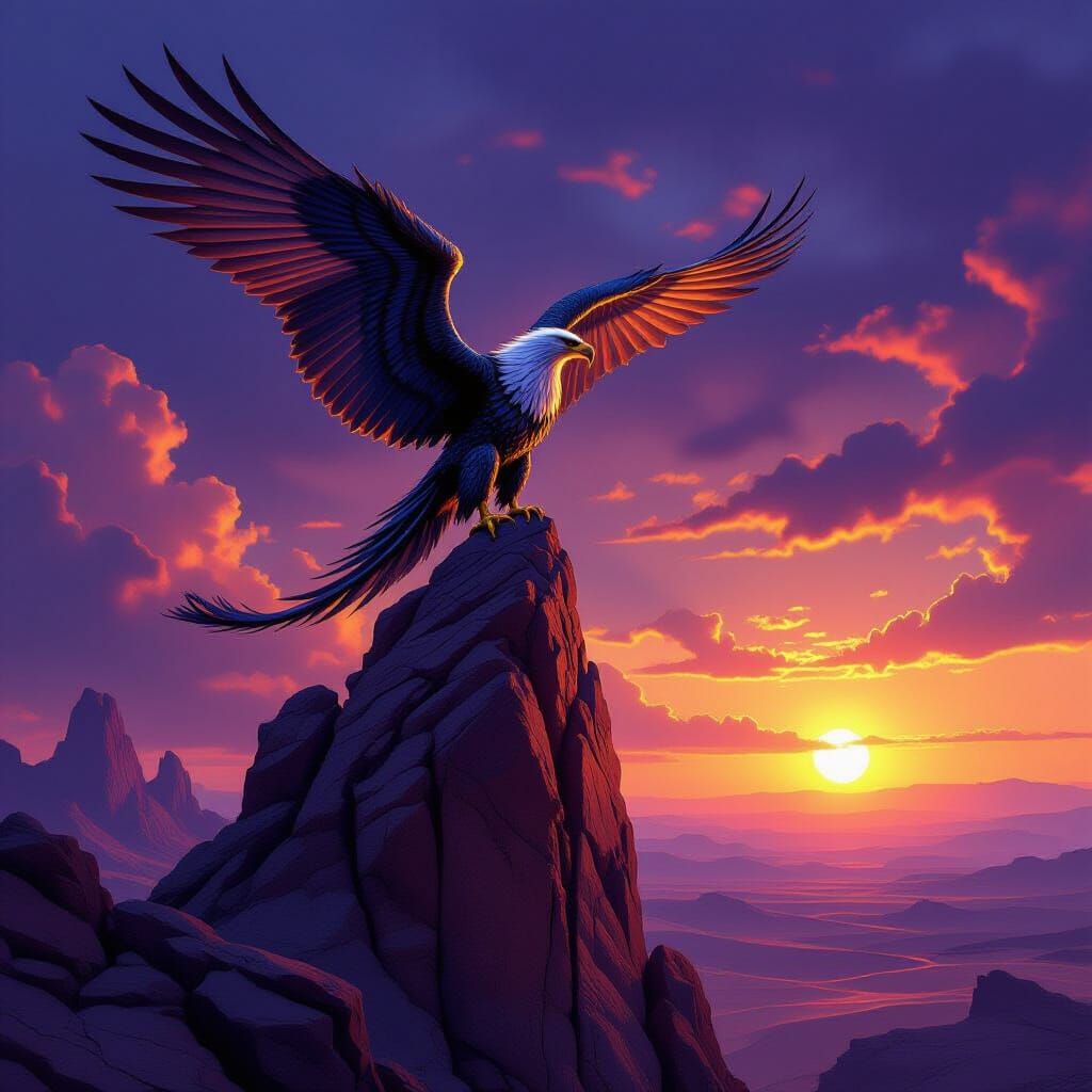 Dragon-Eagle Hybrid Soars in Desert Sunset Concept Art