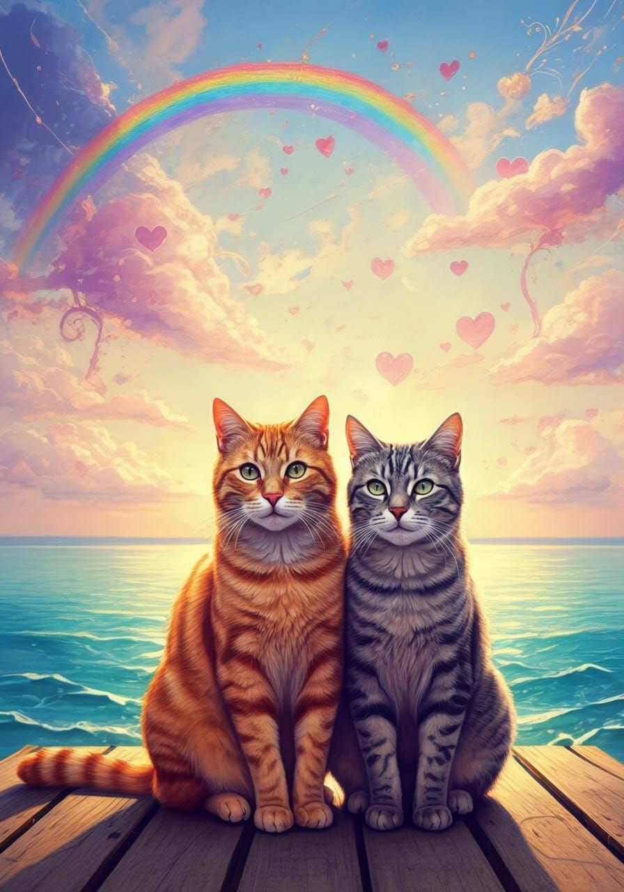 Tabby Cats Watch Rainbow as Impasto Painting