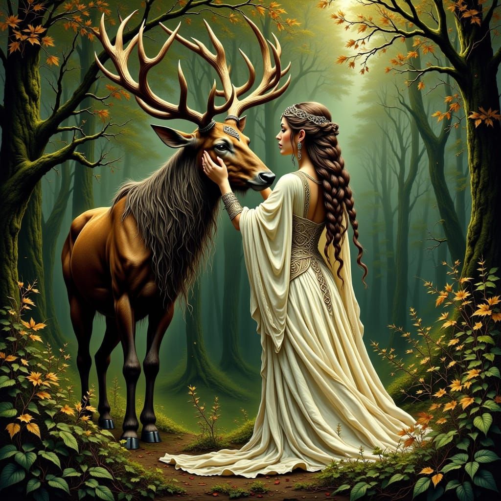 Celtic Priestess with Stag in Forest
