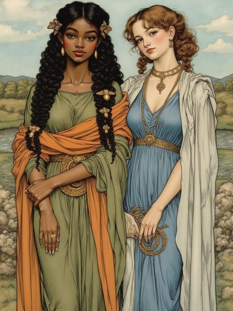 Two Women in Greek Attire, Arthur Rackham Style