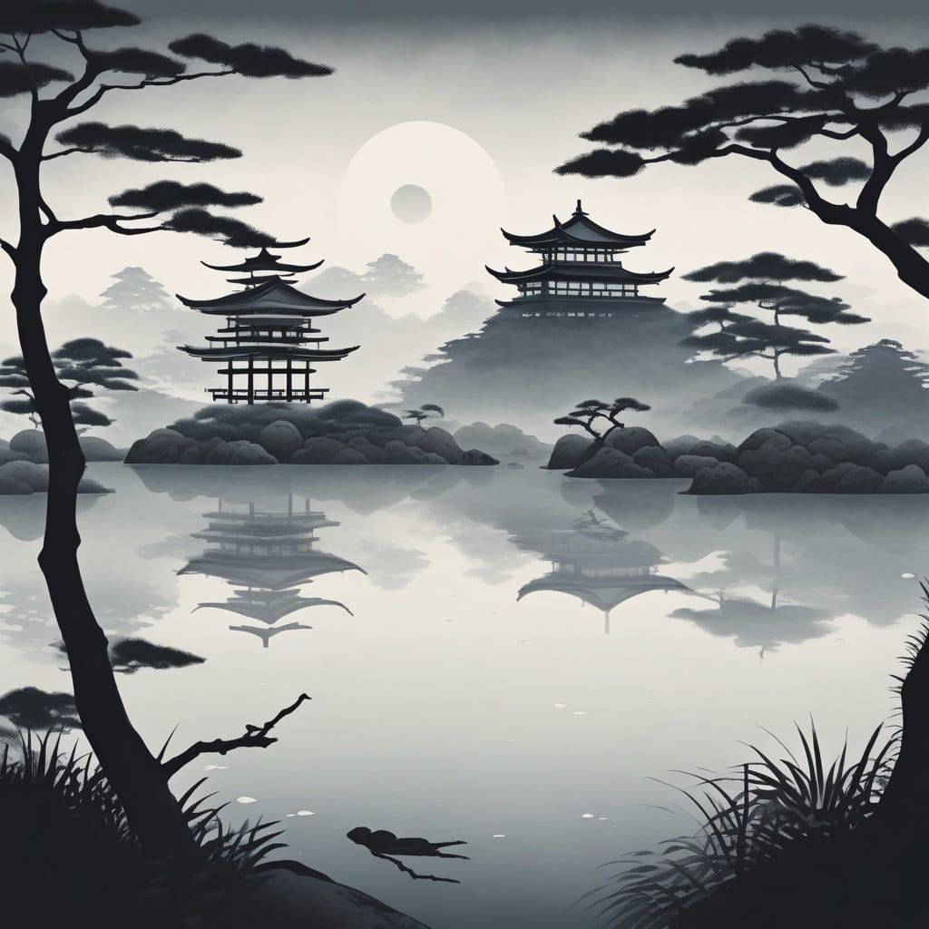 Misty Japanese Garden Landscape in Ukiyo-e Style