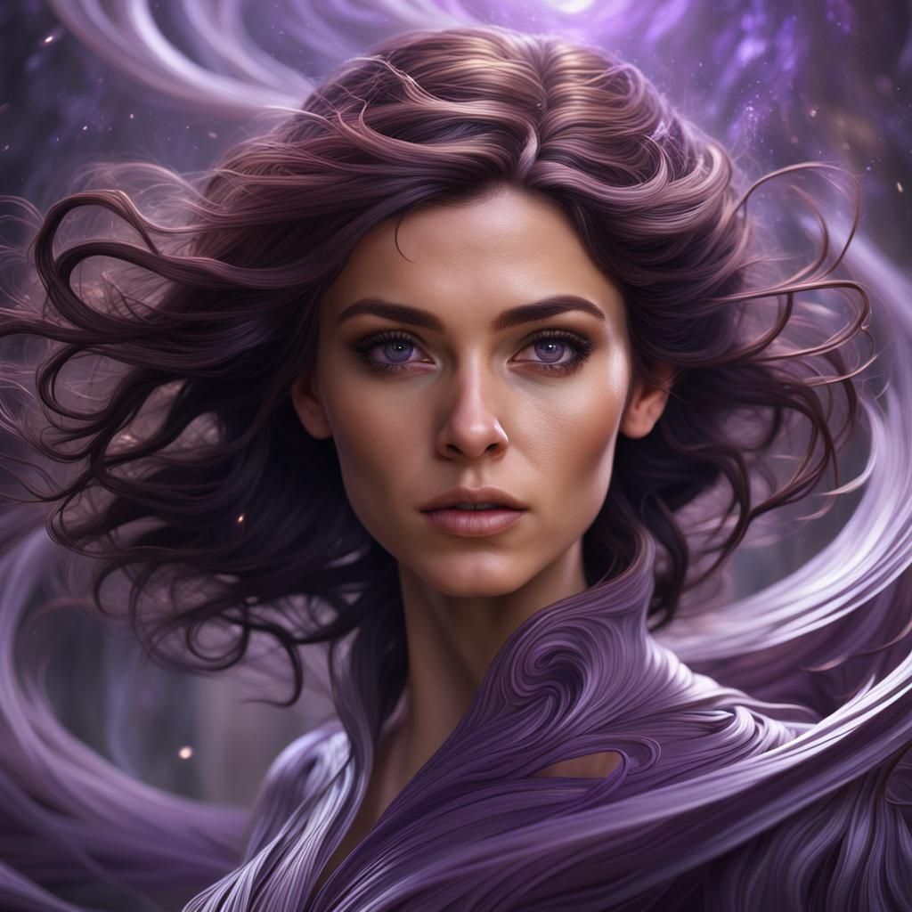 Woman Surrounded by Swirling Purple Magic