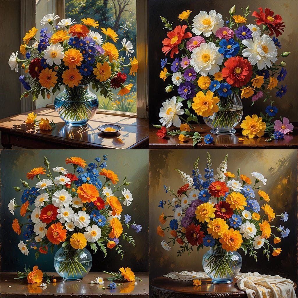 Vibrant Glass Bouquet in Whimsical Oil Painting Style