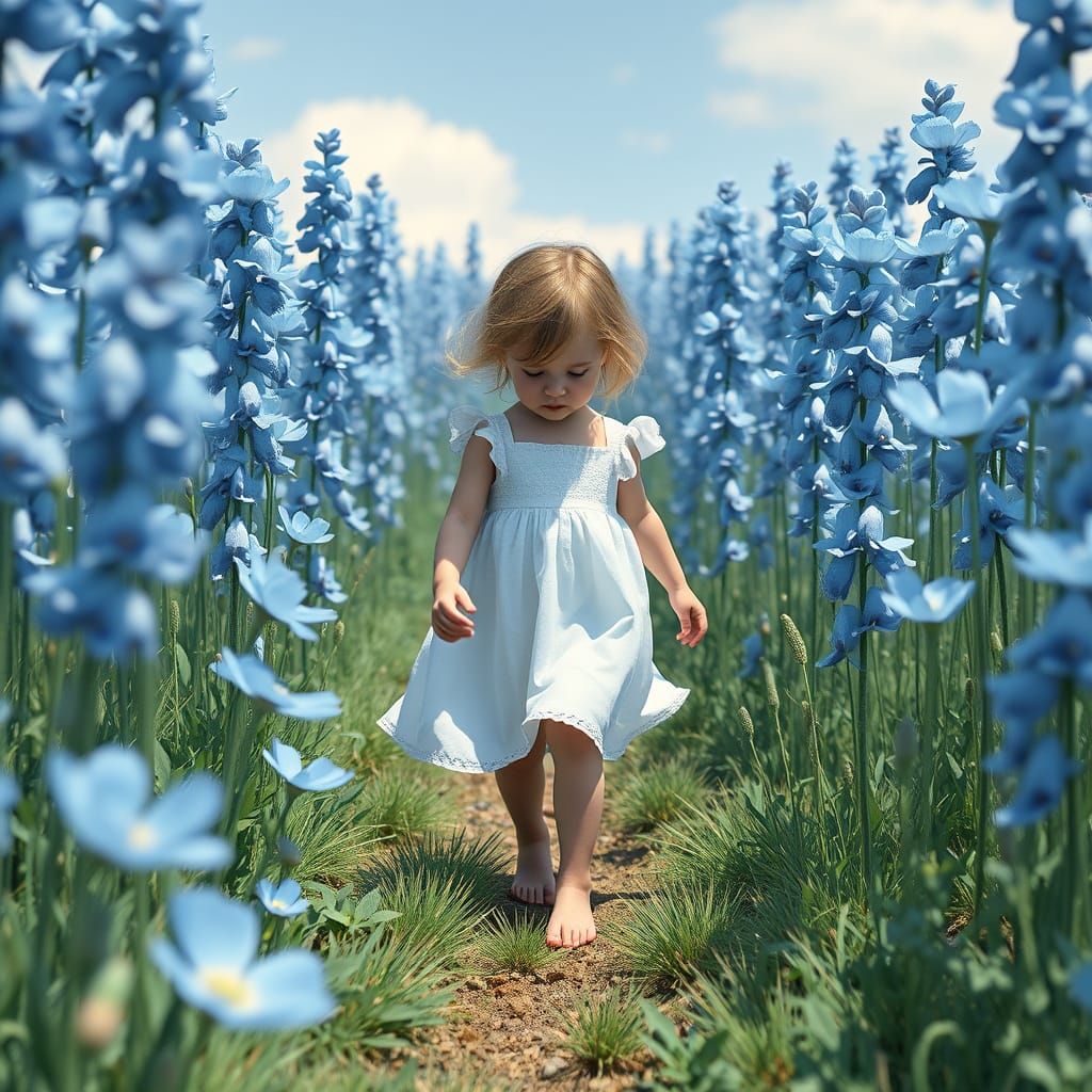 Young child wanders through a surreal field of towering blue poppies, each flower surpassing the child's height, creatin...