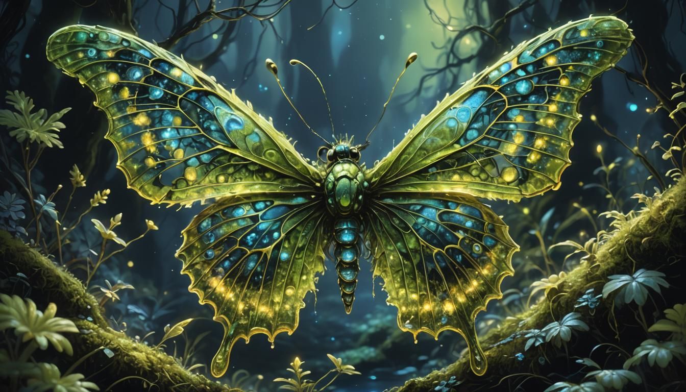 Glowing Bioluminescent Moss Butterfly in the Dark