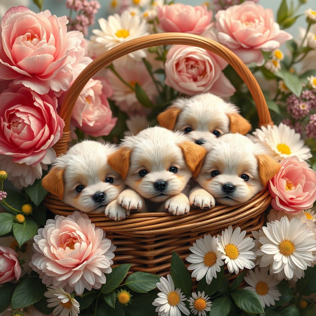 Dreamlike Puppies Amidst Vibrant Blooms in Cyberpunk Aesthet...