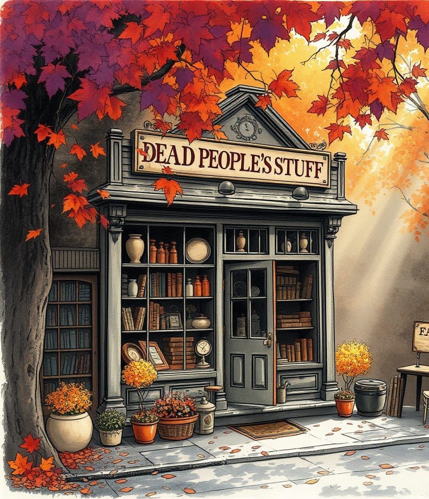 Whimsical Antique Shop Illustration in Watercolour Style