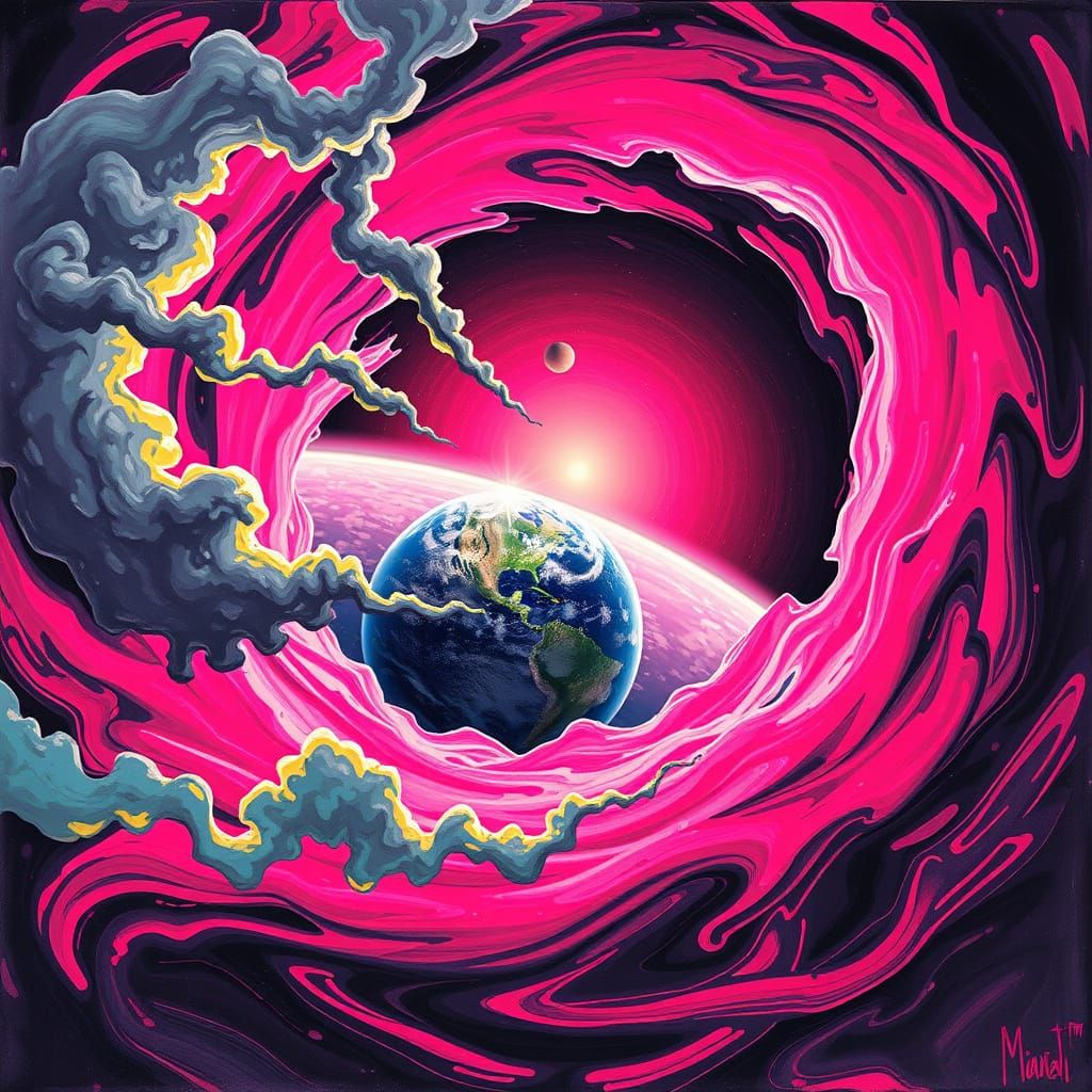 Futuristic Earth in Vibrant Hot Pink and Black Swirling Atmo...
