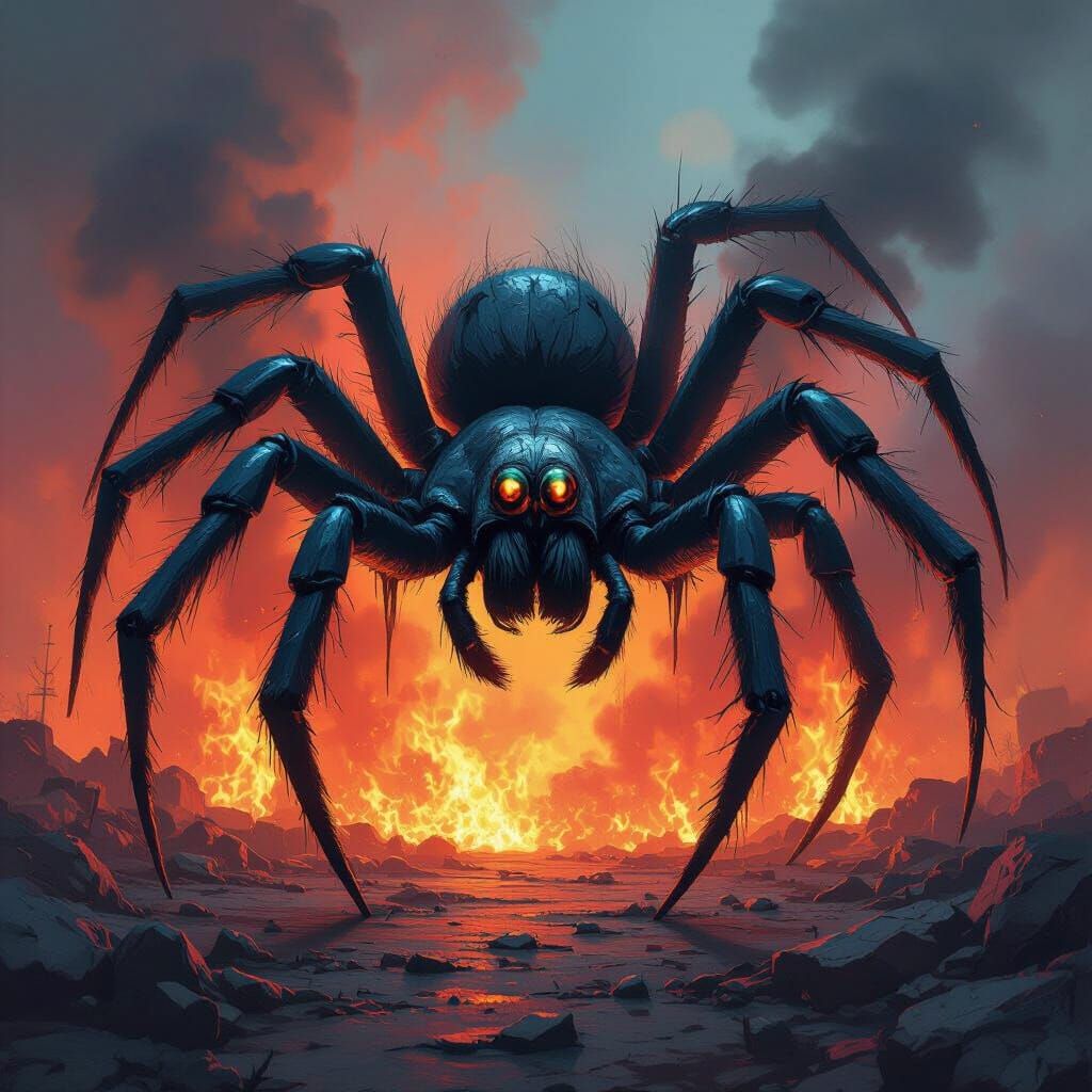 Colossal Spider Amidst Inferno in Graffiti Art Style