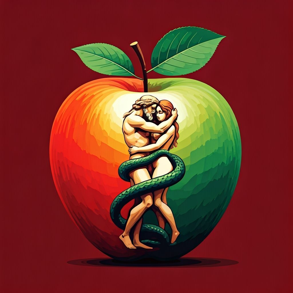 Background of a stylised apple with a snake twining round it...