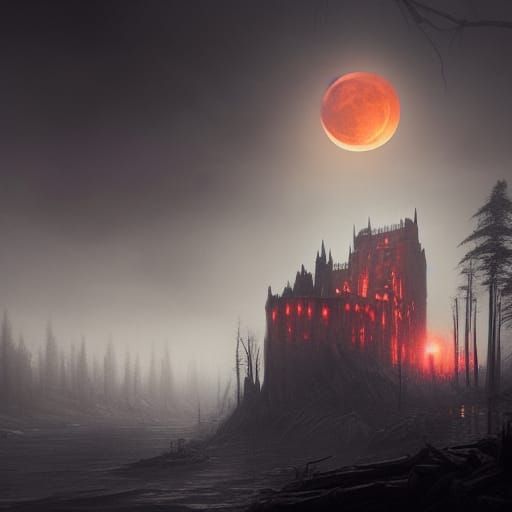 Gothic Castle Under Blood Moon: Dark Fantasy Art