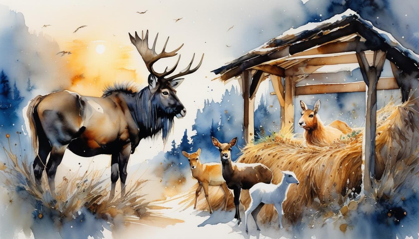 Watercolor Nativity Scene with Animals