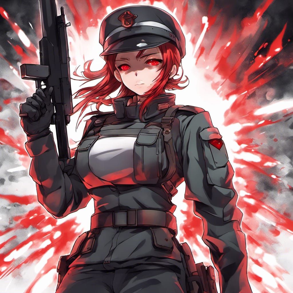Dominant Female Soldier with Red Aura in Anime Style