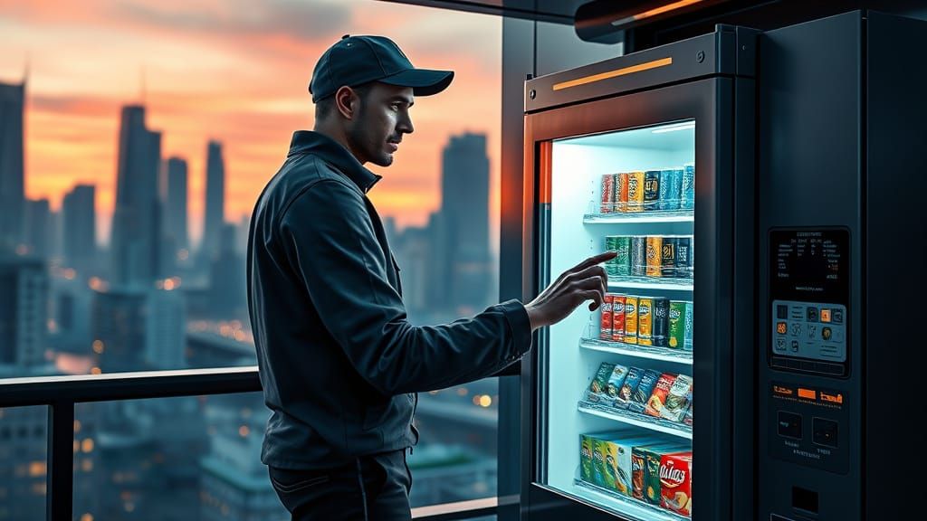 Futuristic Delivery Man Restocking Vending Machine
