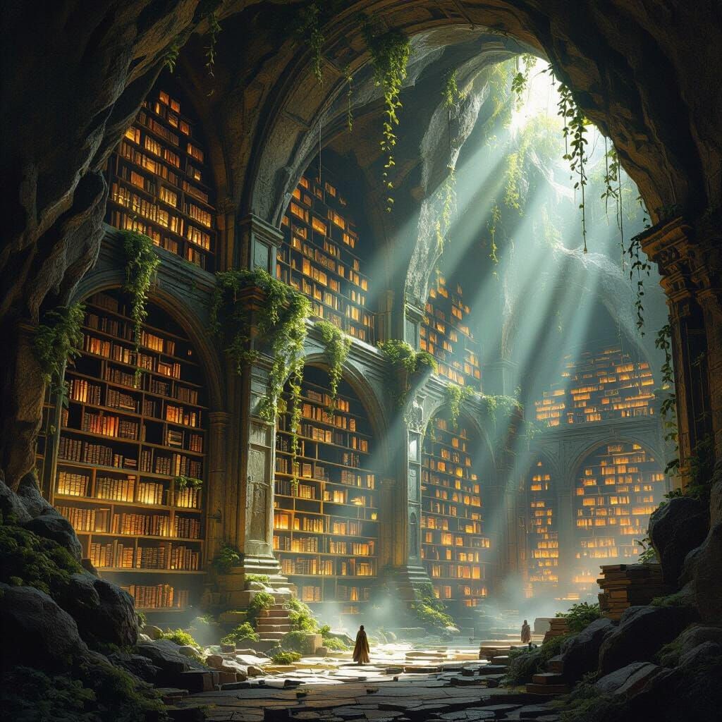 Ancient Mountain Library with Glowing Books