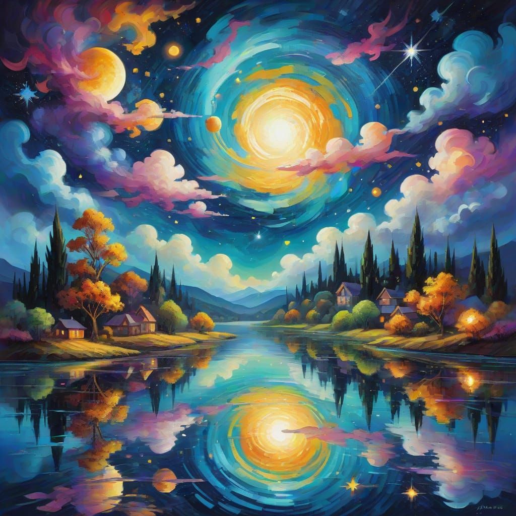 Vibrant Cosmic Dreamscape in Neo-Impressionist Style