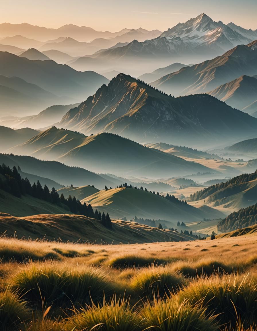 Serene Mountain Range at Dawn in Golden Light