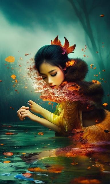 Kitsune Girl Double Exposure Portrait in Oil