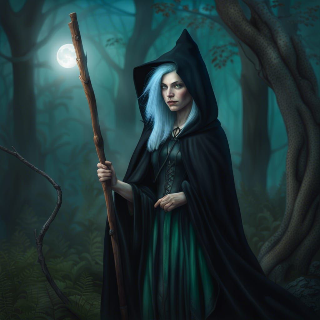 Beautiful Forest Witch with Wood Staff