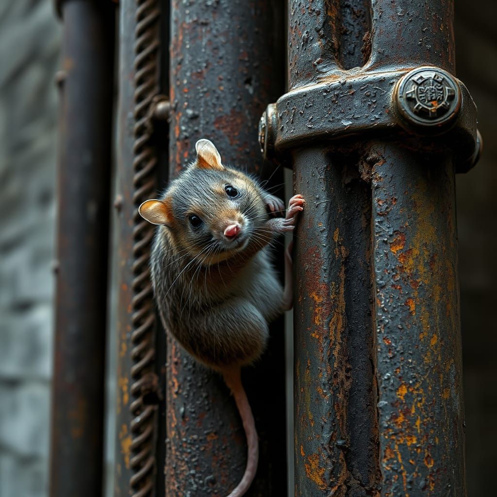 Hyperrealistic Rat Ascends Drainpipe in Urban Landscape