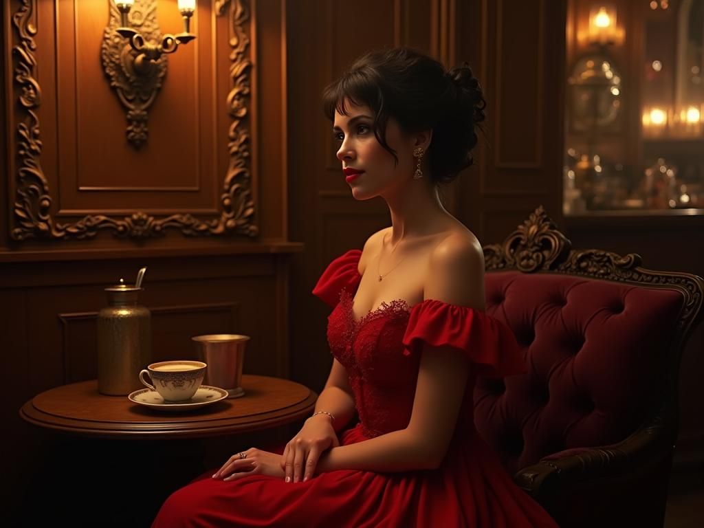 Victorian Lady in Red Dress in Impressionist Style