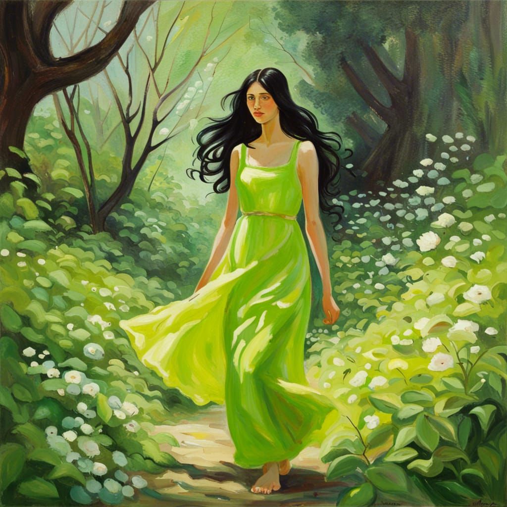 Woman in Green Dress Walks Through Spring Forest