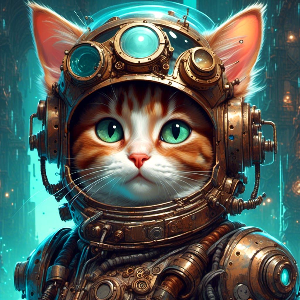 Steampunk Kitten Portrait in Spacesuit, Detailed Digital Art
