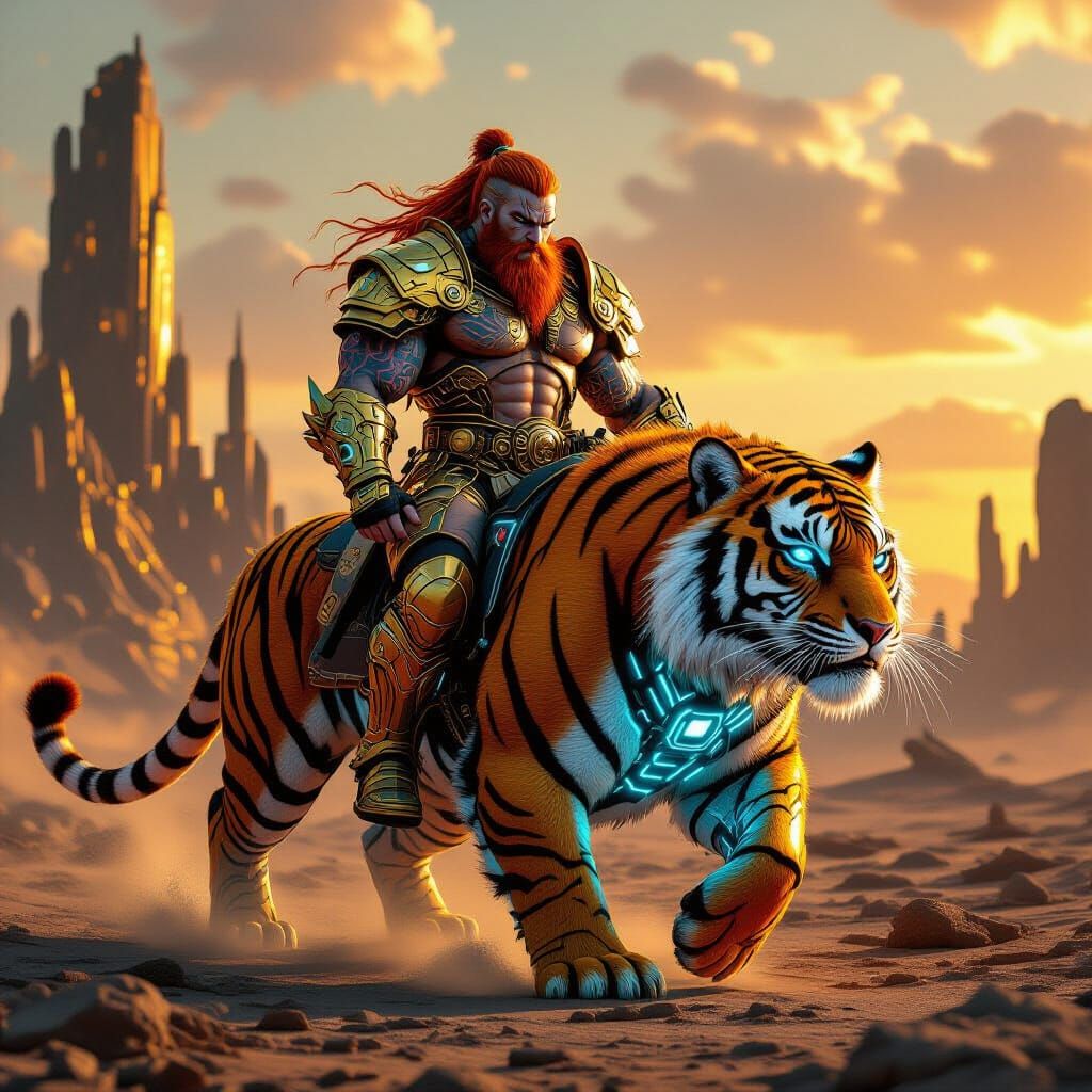 Cyberpunk Barbarian Warrior on Cybernetic Tiger