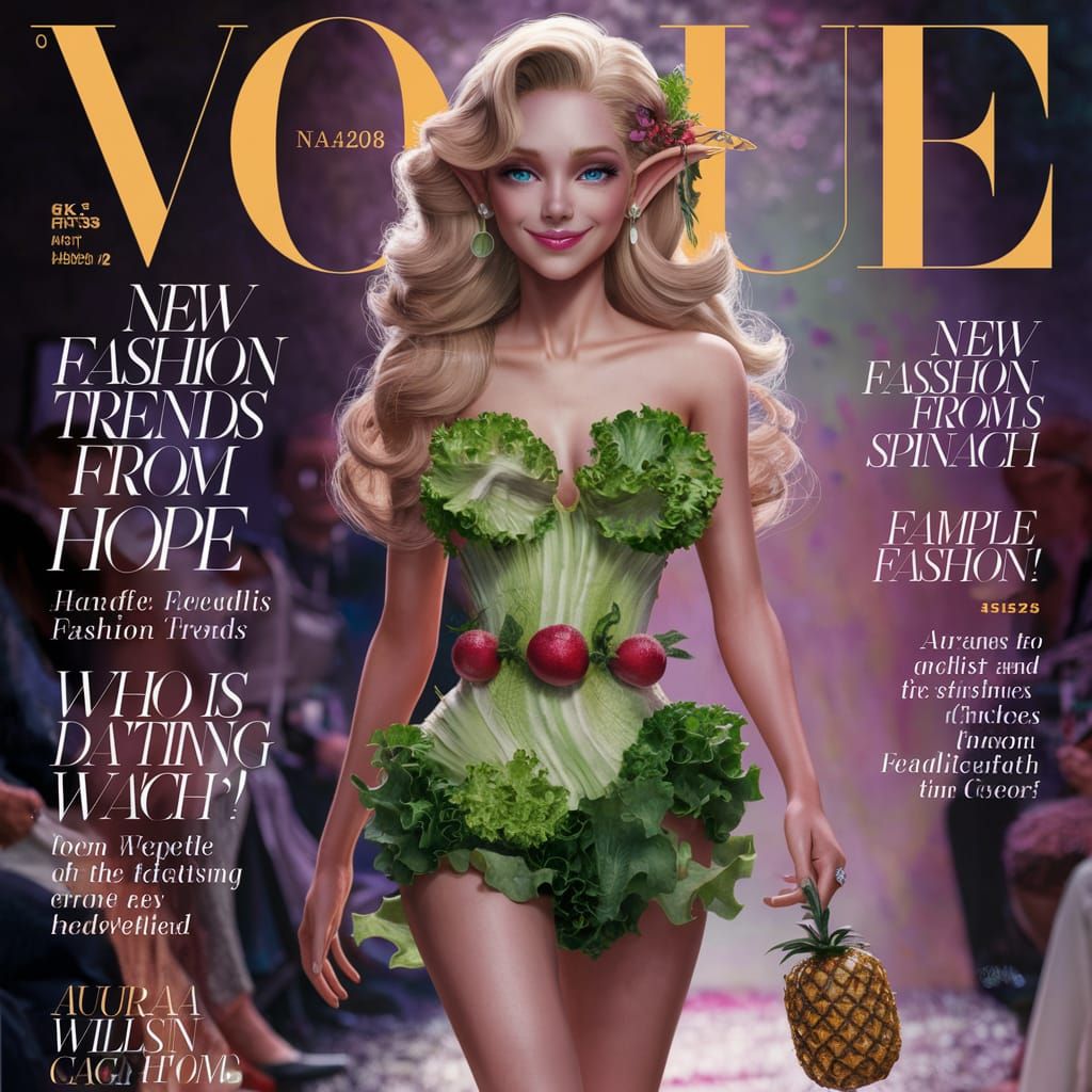 Elegant Elf on Vogue Cover with Lettuce Dress