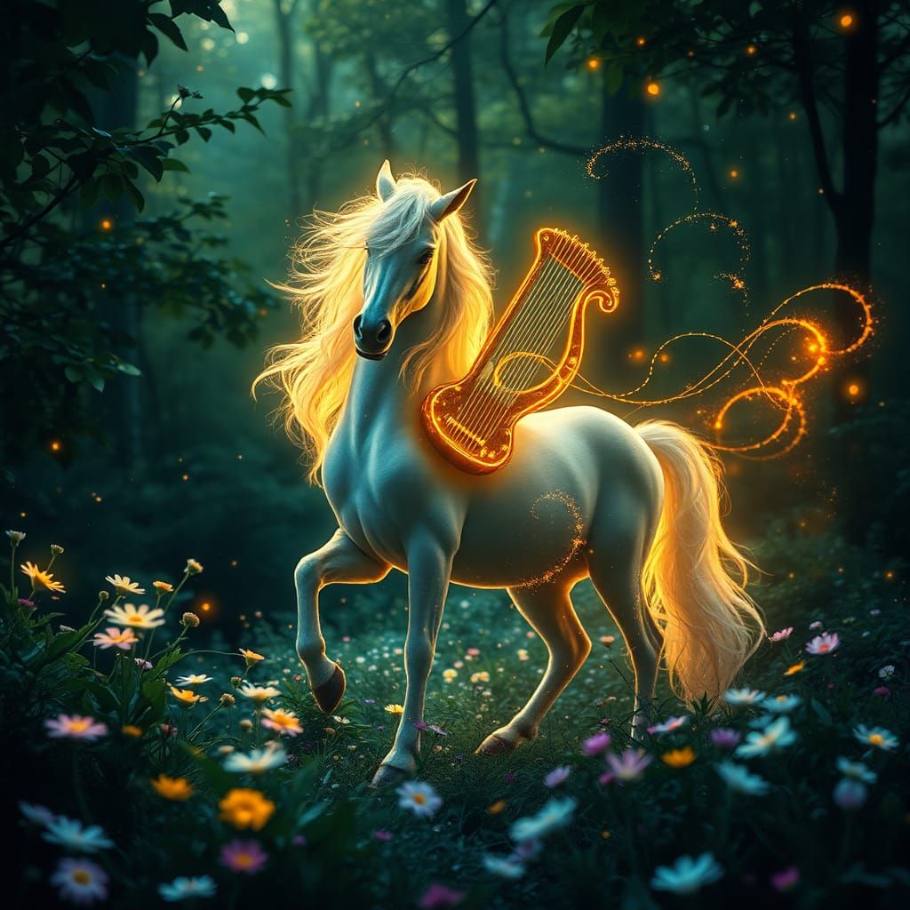 A peaceful scene featuring a magnificent dreamlike centaur p...