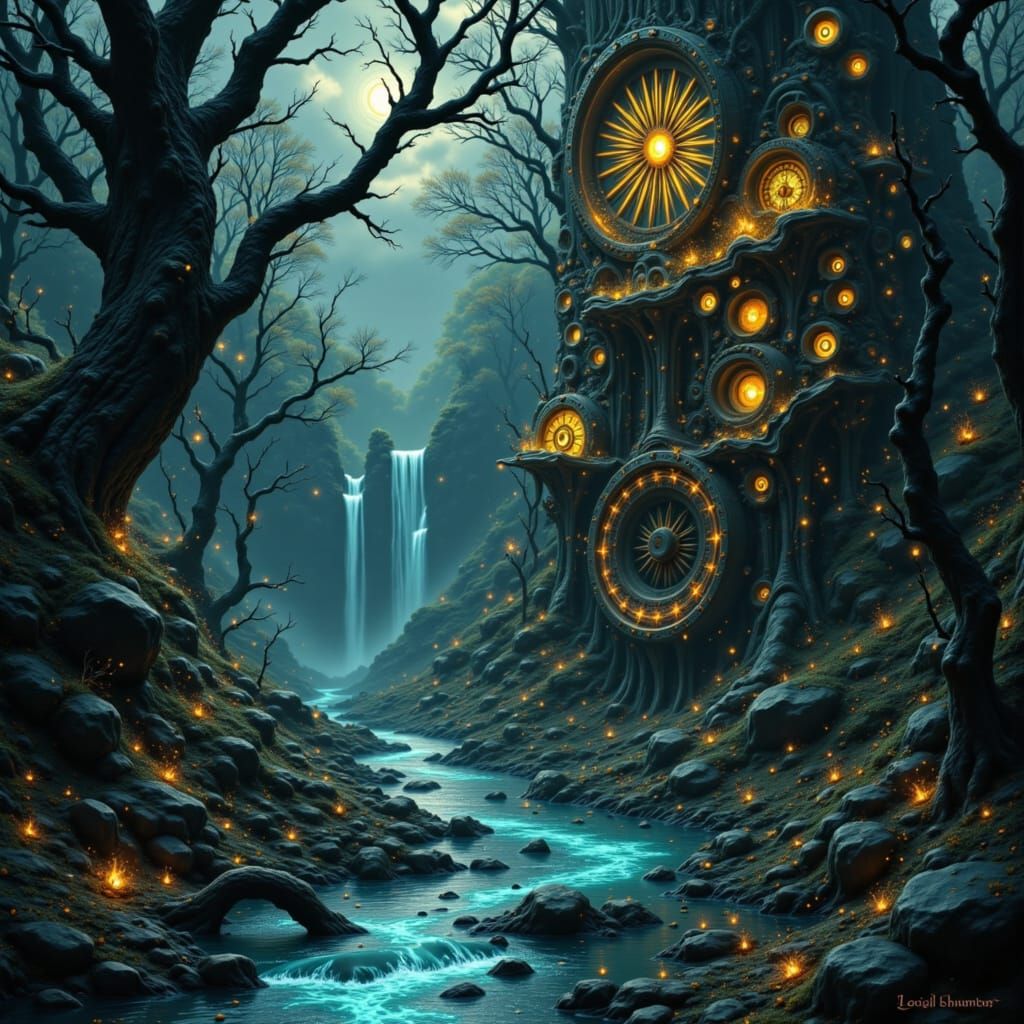 Surreal Steampunk Landscape: Clockwork Gears Meet Gnarled Tr...