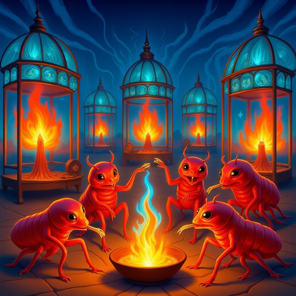 Fiery Millipedes Light Candles in Surreal Village