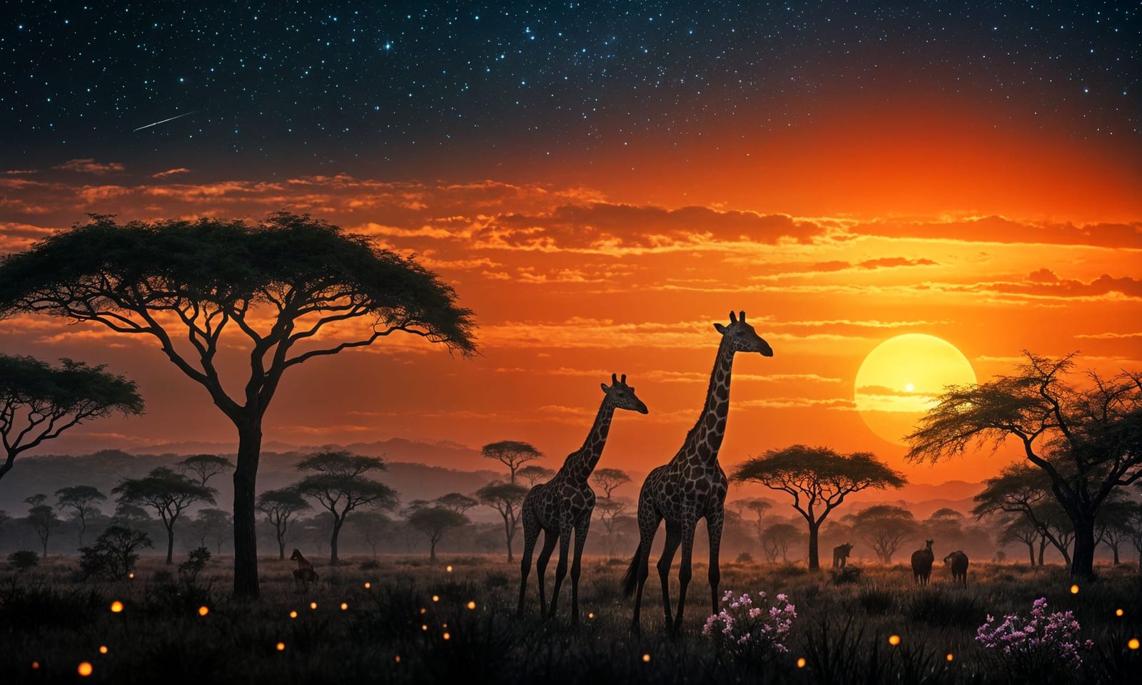 Giraffe Family in Sunset Savannah Scene in Impressive Oil Pa...