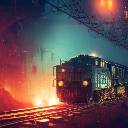 Night Train on Railroad in Epic Cinematic Style