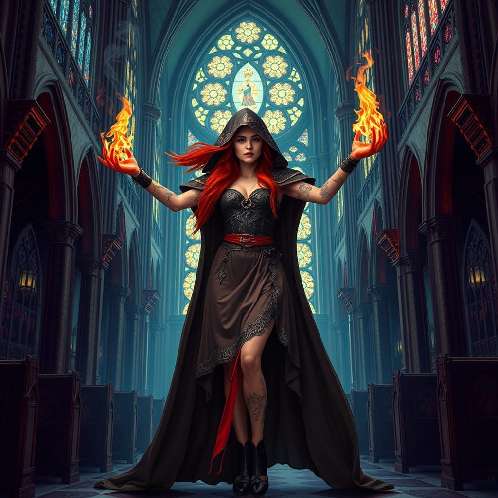 Redhead Witch in Gothic Church, Digital Art Style