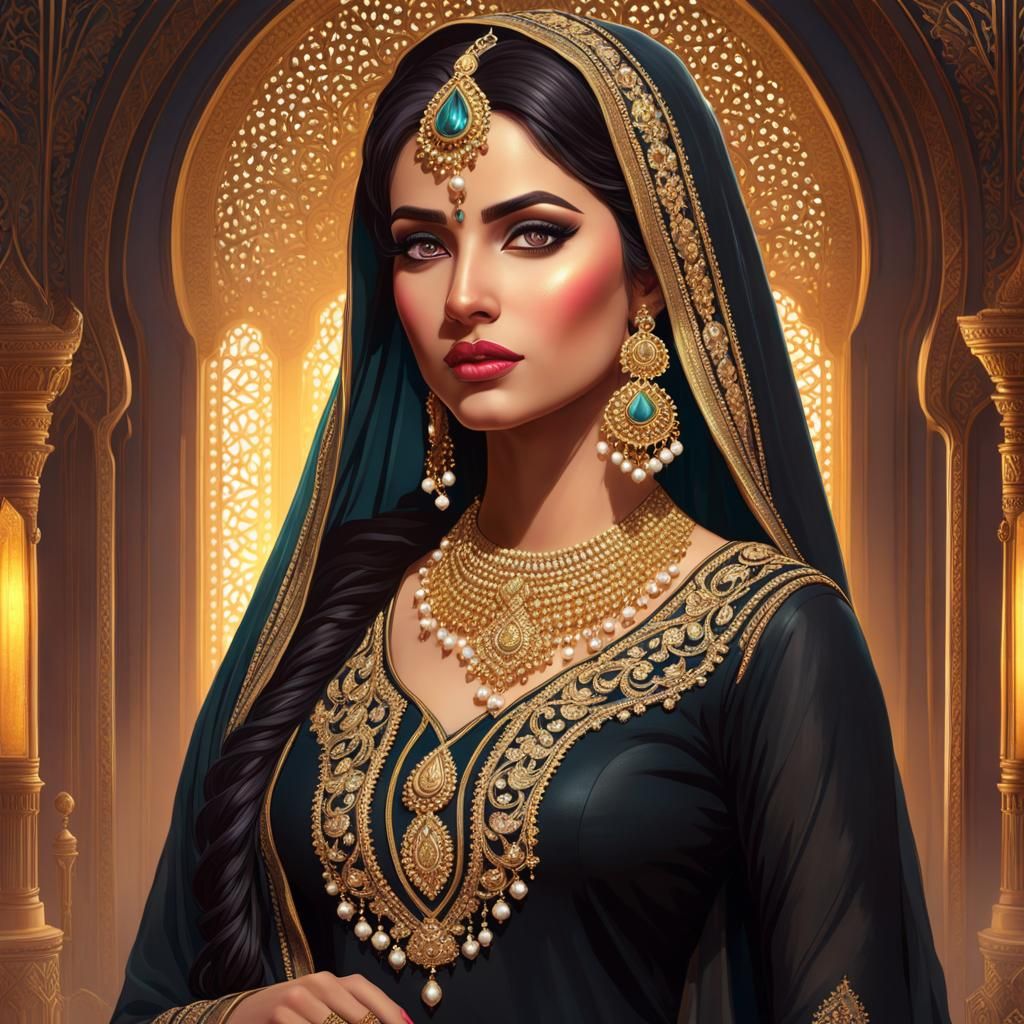 Pakistani Woman in Black and Gold Salwar Kameez