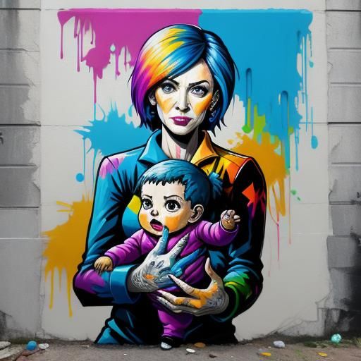 Polychromatic Graffiti Art of a Woman Holding Baby